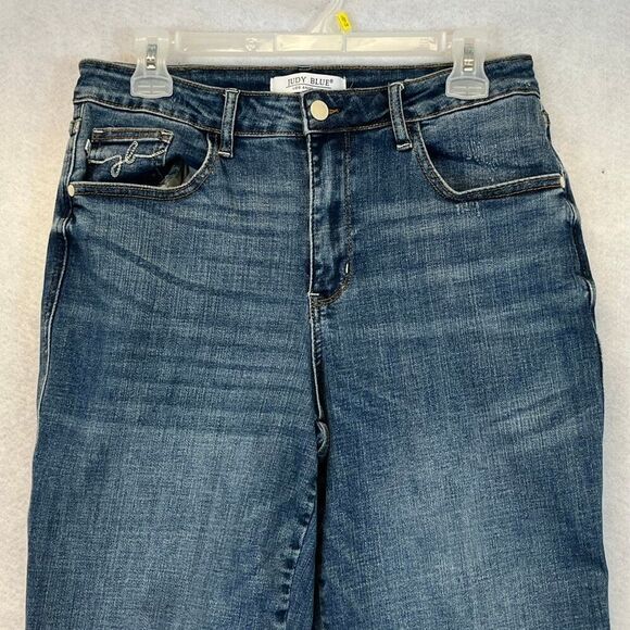 JUDY BLUE Jeans Size 11/30 Blue High Rise Wide Leg Crop Frayed Hem Stretch Denim - Picture 2 of 14